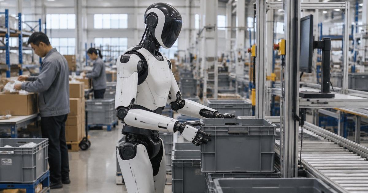 Ein humanoider Roboter arbeitet neben Menschen an einer Förderanlage in einer hellen Produktionshalle.
